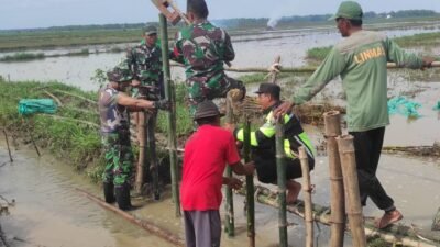 Babinsa Koramil Baureno Bojonegoro bantu Perbaiki Tanggul Jebol di Kali Simo Sumuragung